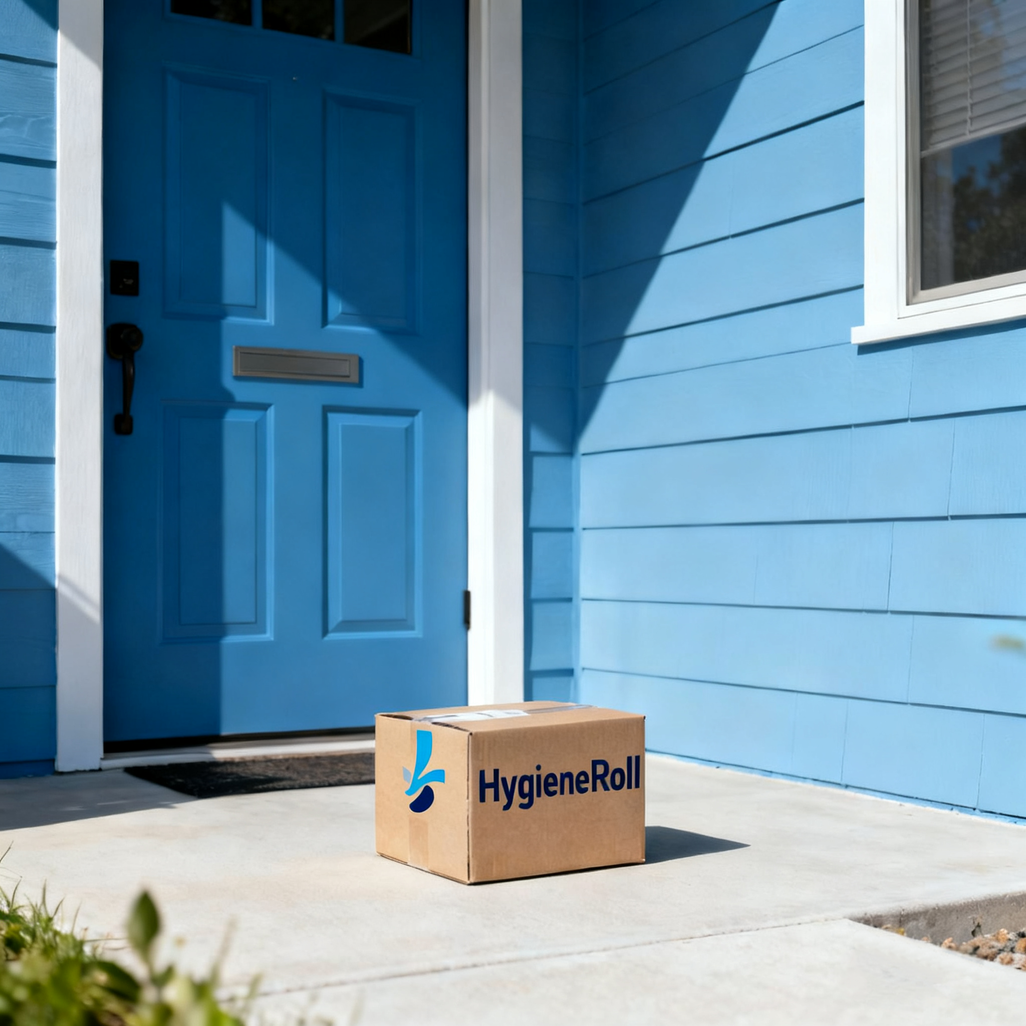Branded HygieneRoll box delivered at a blue door